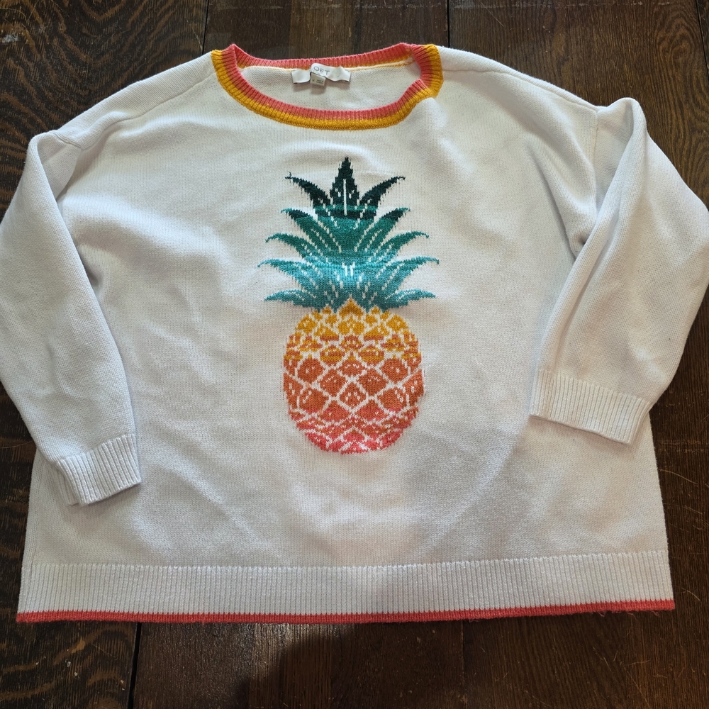 Loft‎ White Knit Sweater 3/4 Sleeves Cotton Pineapple Motif M